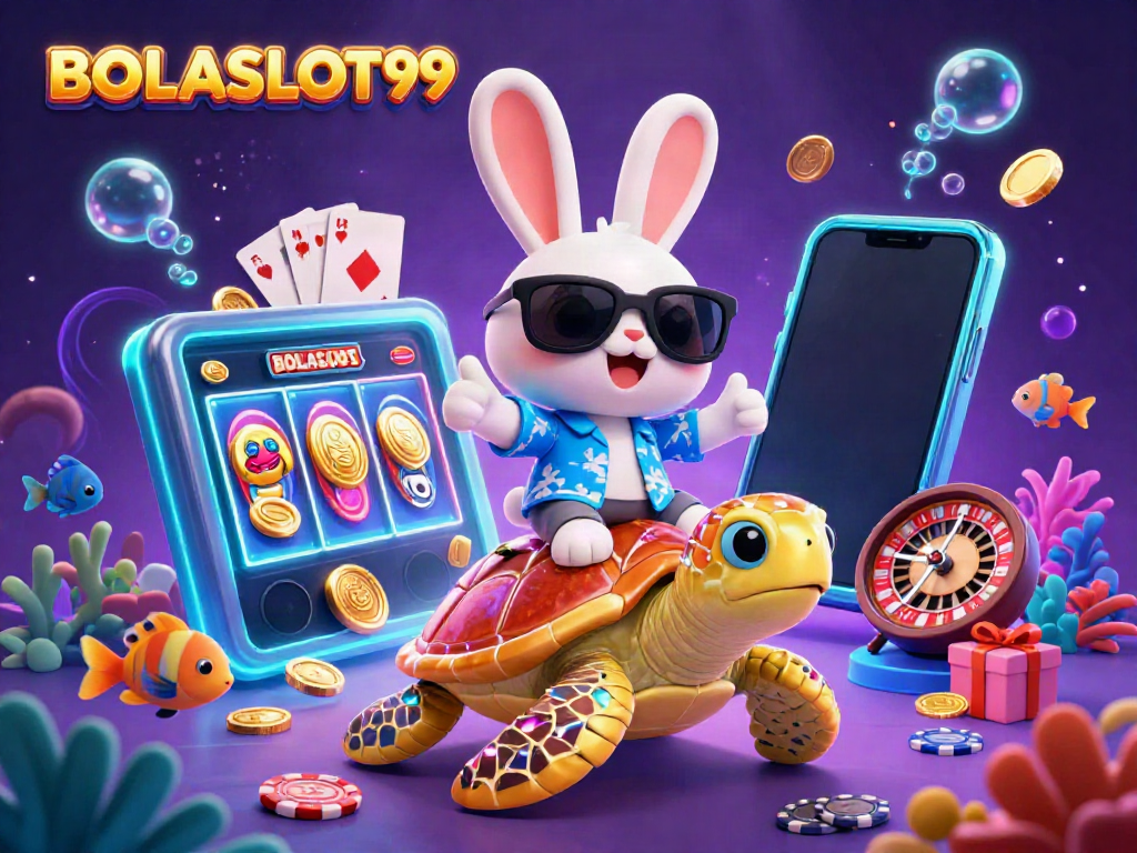 BOLASLOT99 offers an enchanting gaming experience with a lucky rabbit and turtle in a vibrant casino scene.
