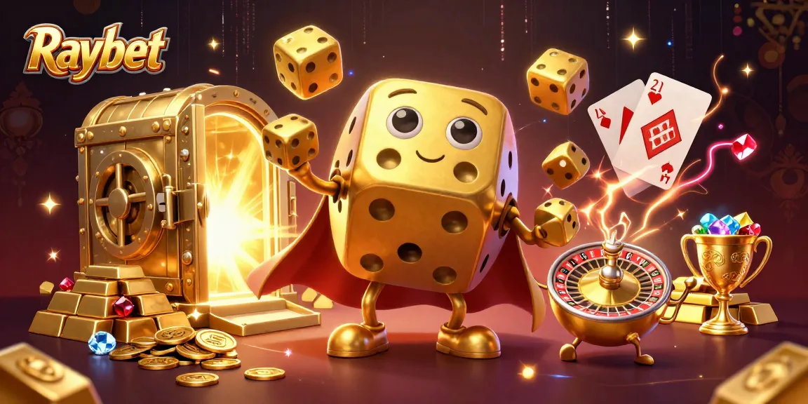 Raybet features golden dice golem juggling dice in a vibrant casino scene filled with treasures.
