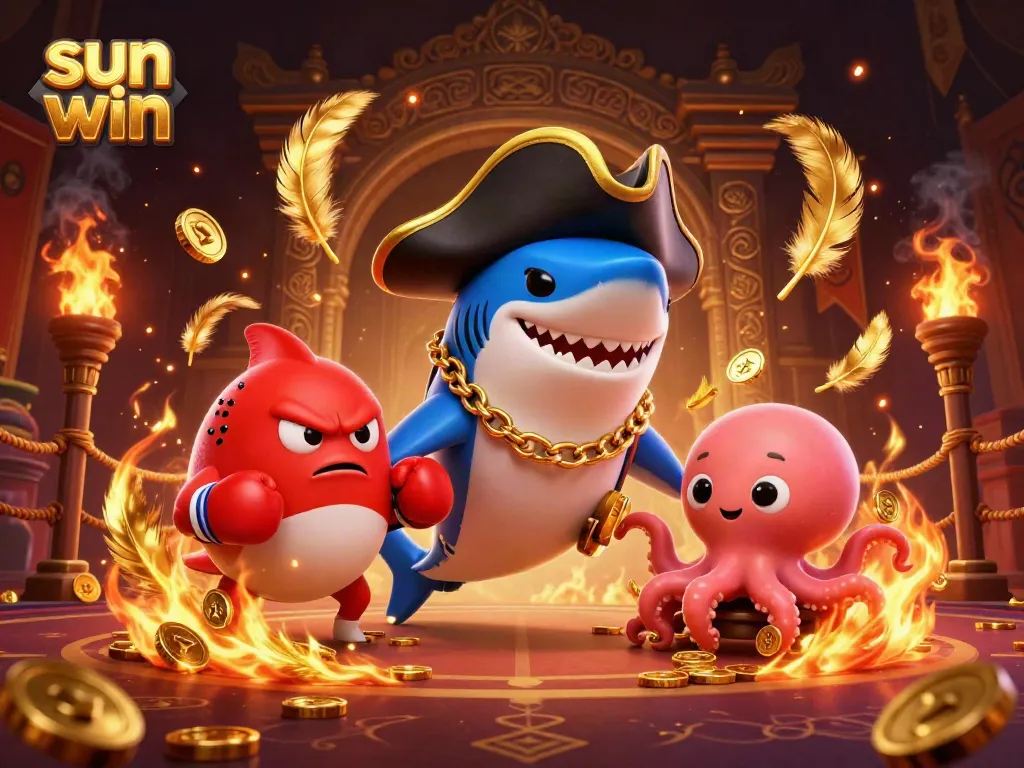 sun win pirate shark and friends celebrate victory with gold coins in an exciting 3D casino scene