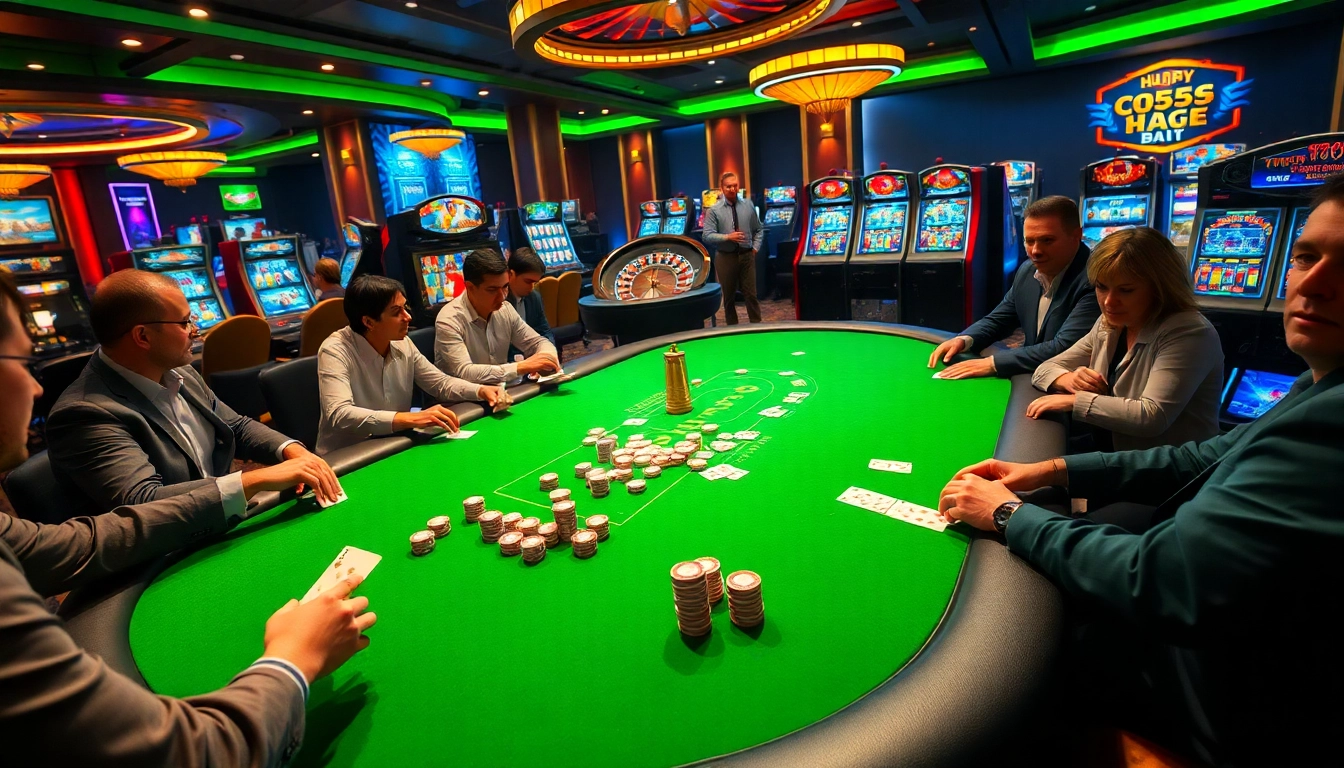Players at a bl555 poker table engage in high-stakes gameplay with vibrant chips and a roulette wheel.