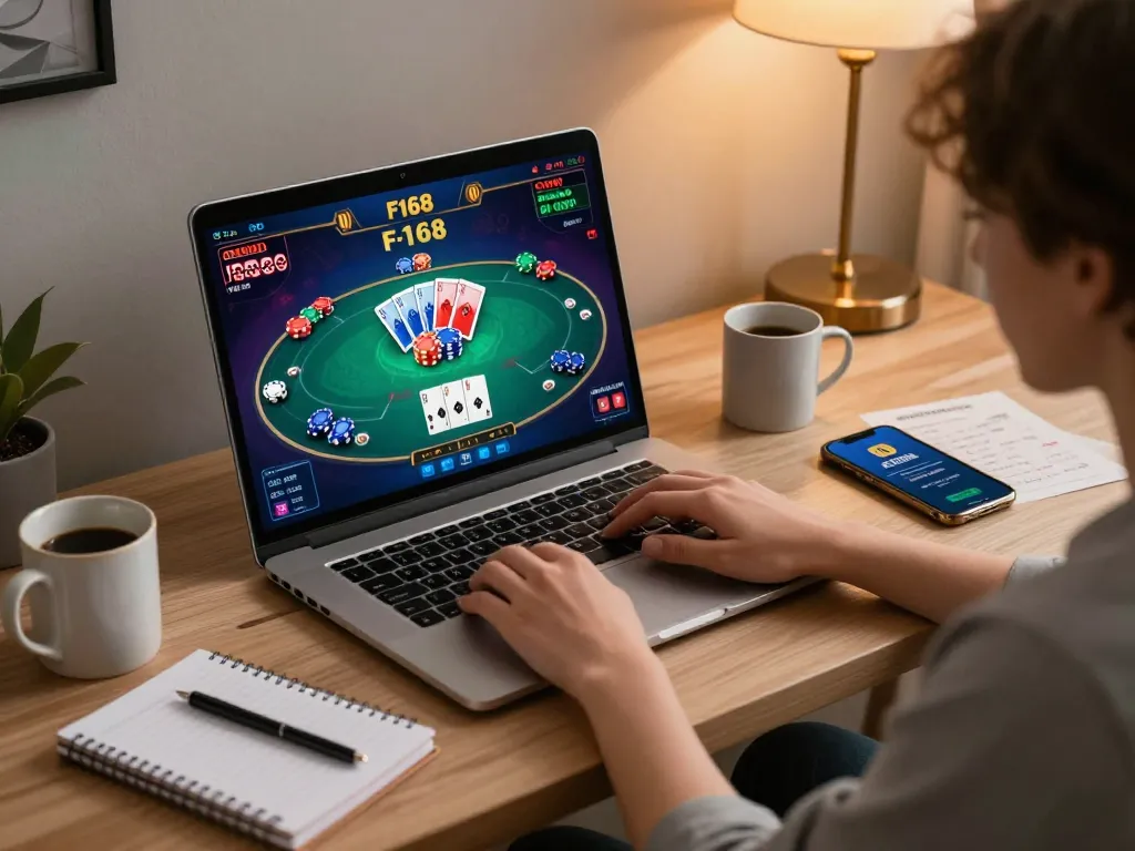 Engaging in F168 online casino gameplay with vibrant poker graphics, showcasing a cozy gaming atmosphere.