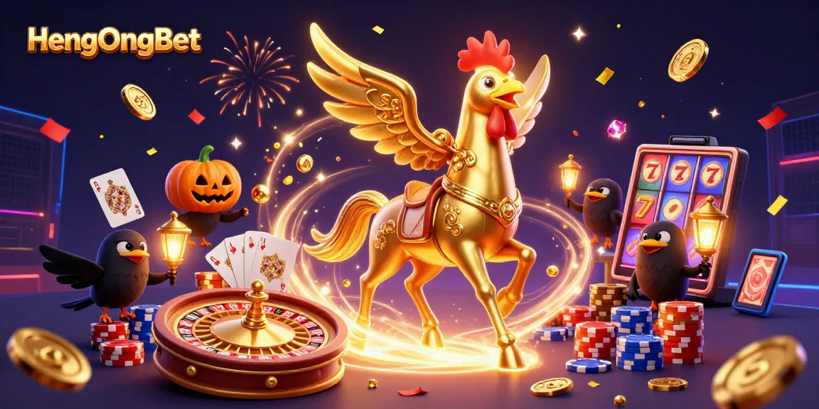 HengOngBet's golden rooster headless horseman conquers the midnight casino in a vibrant 3D illustration.