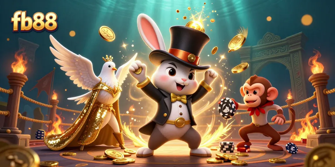 Experience the magic of fb88 with a charming rabbit, dove, and monkey in a vibrant casino scene.