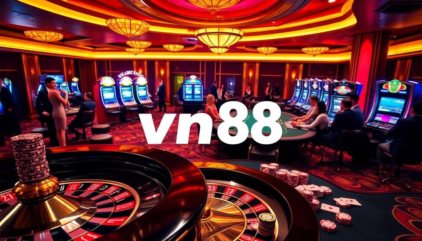 Experience the excitement at vn88 with a luxurious casino scene featuring roulette, blackjack, and vibrant slot machines.