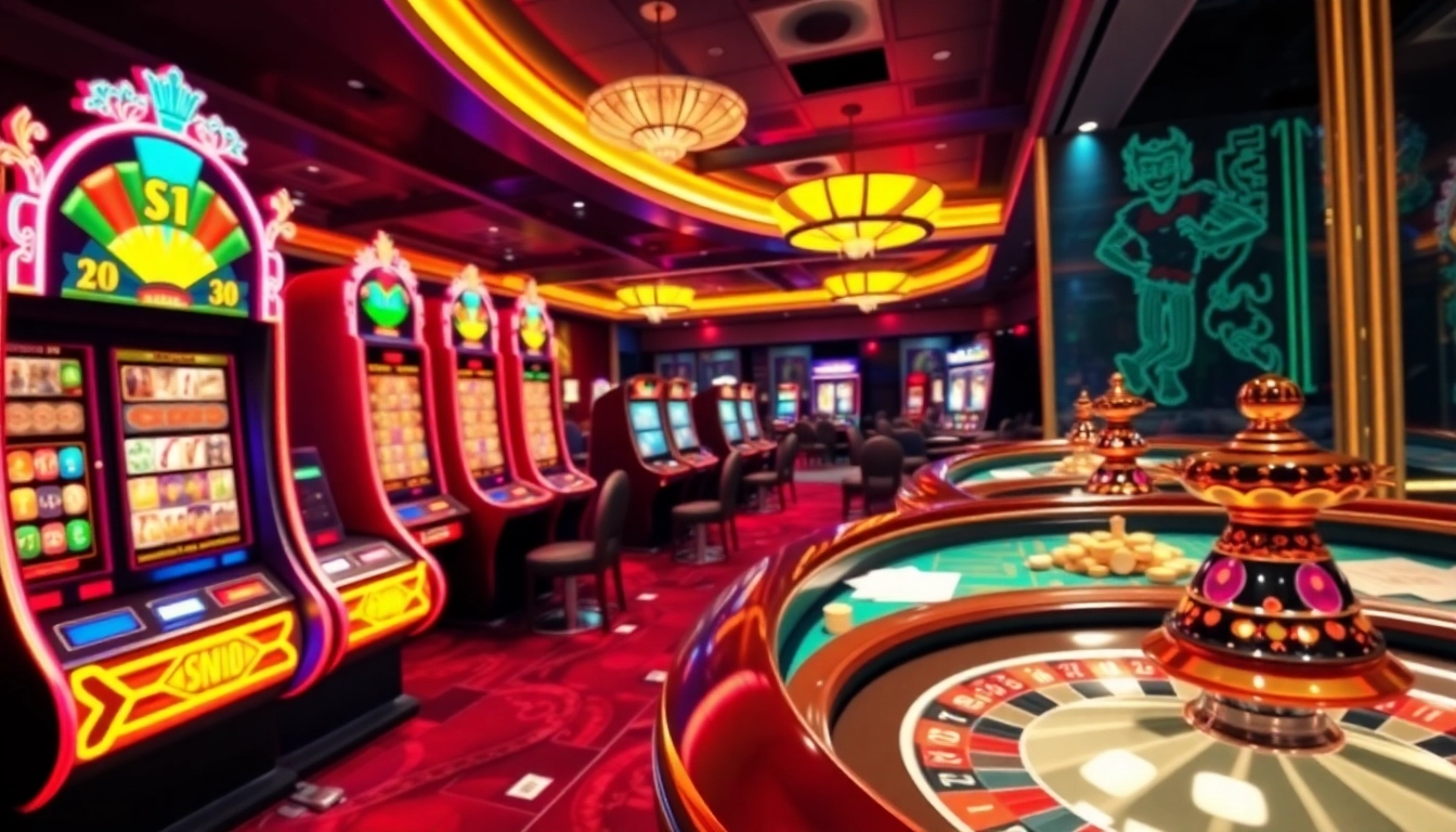 Players enjoying the vibrant casino experience at NK88 with thrilling slot machines and lively gaming tables.