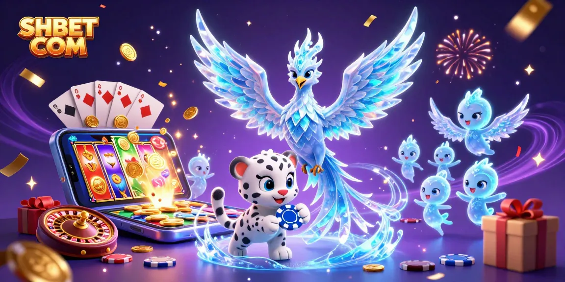 Engage with the thrilling world of SHBET COM featuring an ice phoenix, poker chip, and dynamic gaming elements.