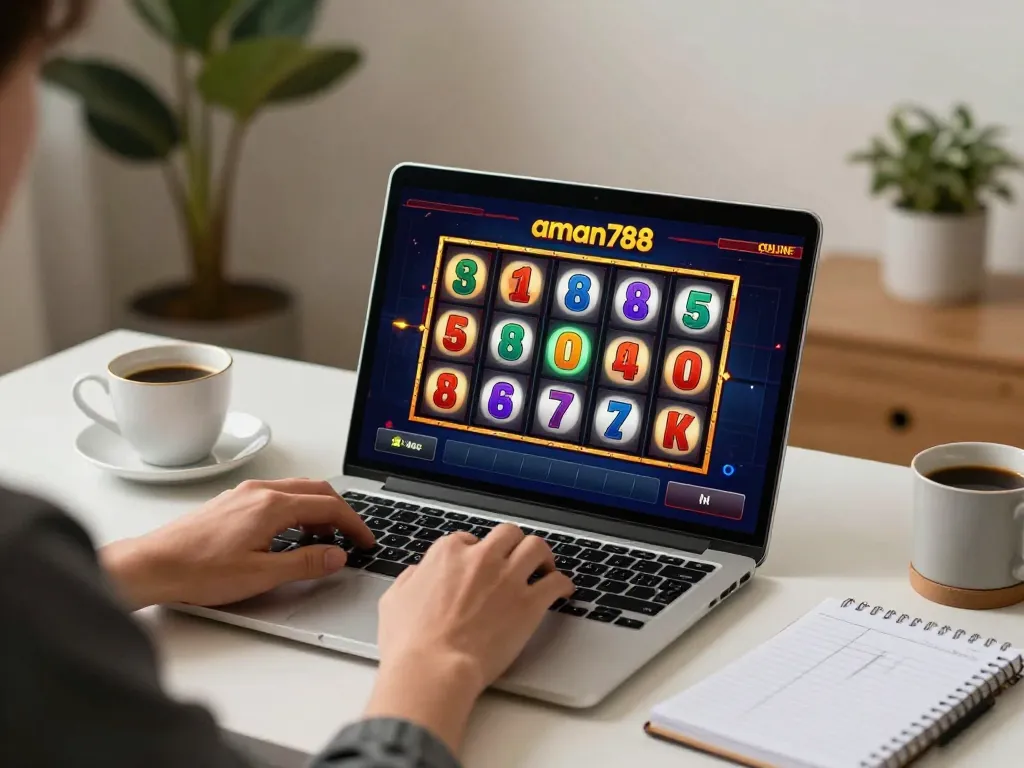 Pemain yang terlibat mengalami permainan aman788 slot online dengan laptop, menunjukkan suasana permainan yang menyenangkan.