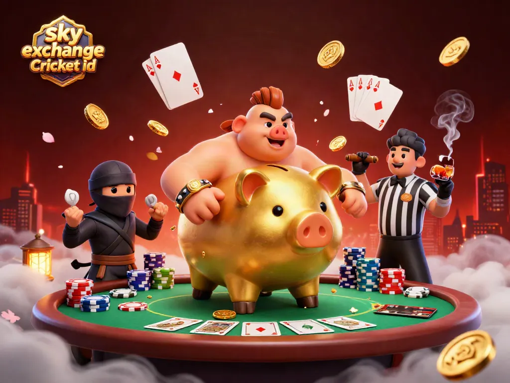 Engage with thrilling action featuring sky exchange Cricket id as the massive piggy bank sumo wrestler unleashes golden coins in a dynamic casino scene.