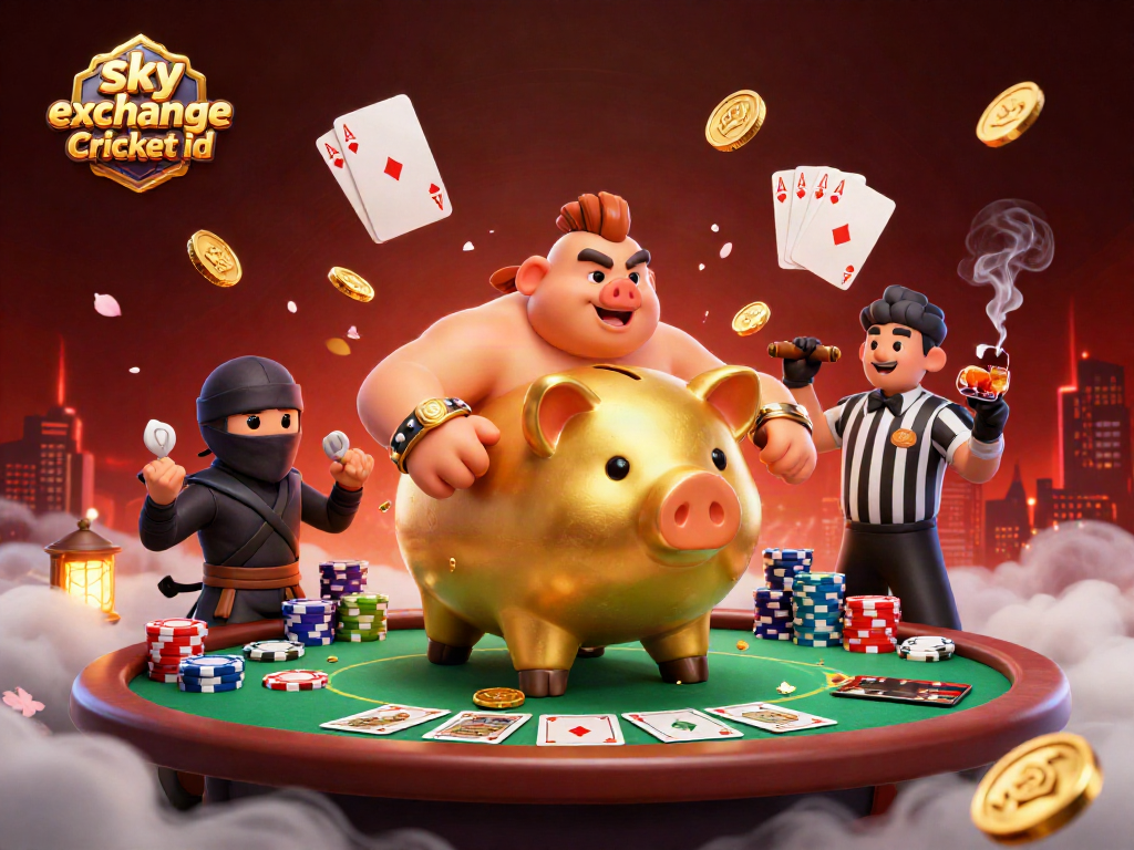 Engage with thrilling action featuring sky exchange Cricket id as the massive piggy bank sumo wrestler unleashes golden coins in a dynamic casino scene.