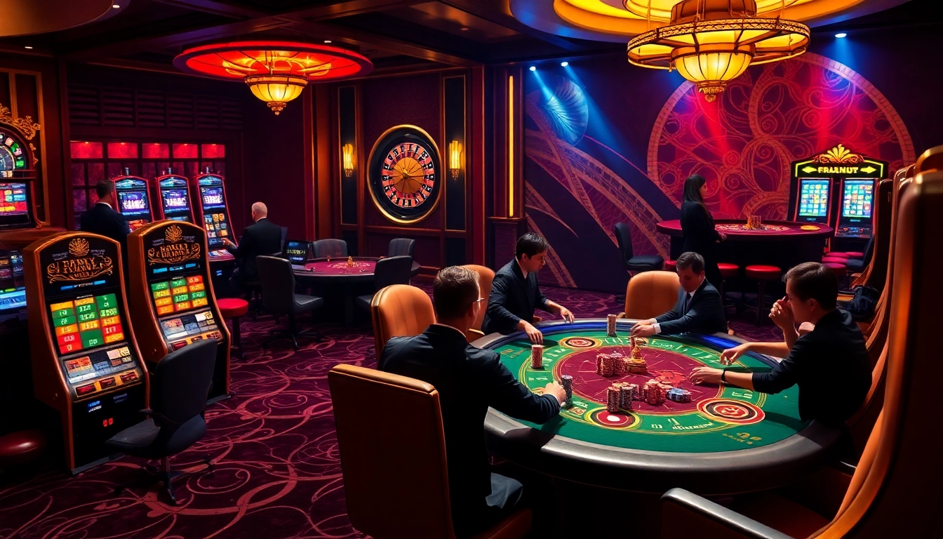 Gamblers engaging with slot machines and roulette at 88i, showcasing excitement and luxury.