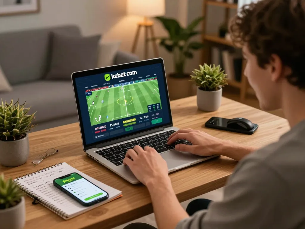 Placing bets on kebet com with live sports odds displayed on a laptop in a cozy home office.