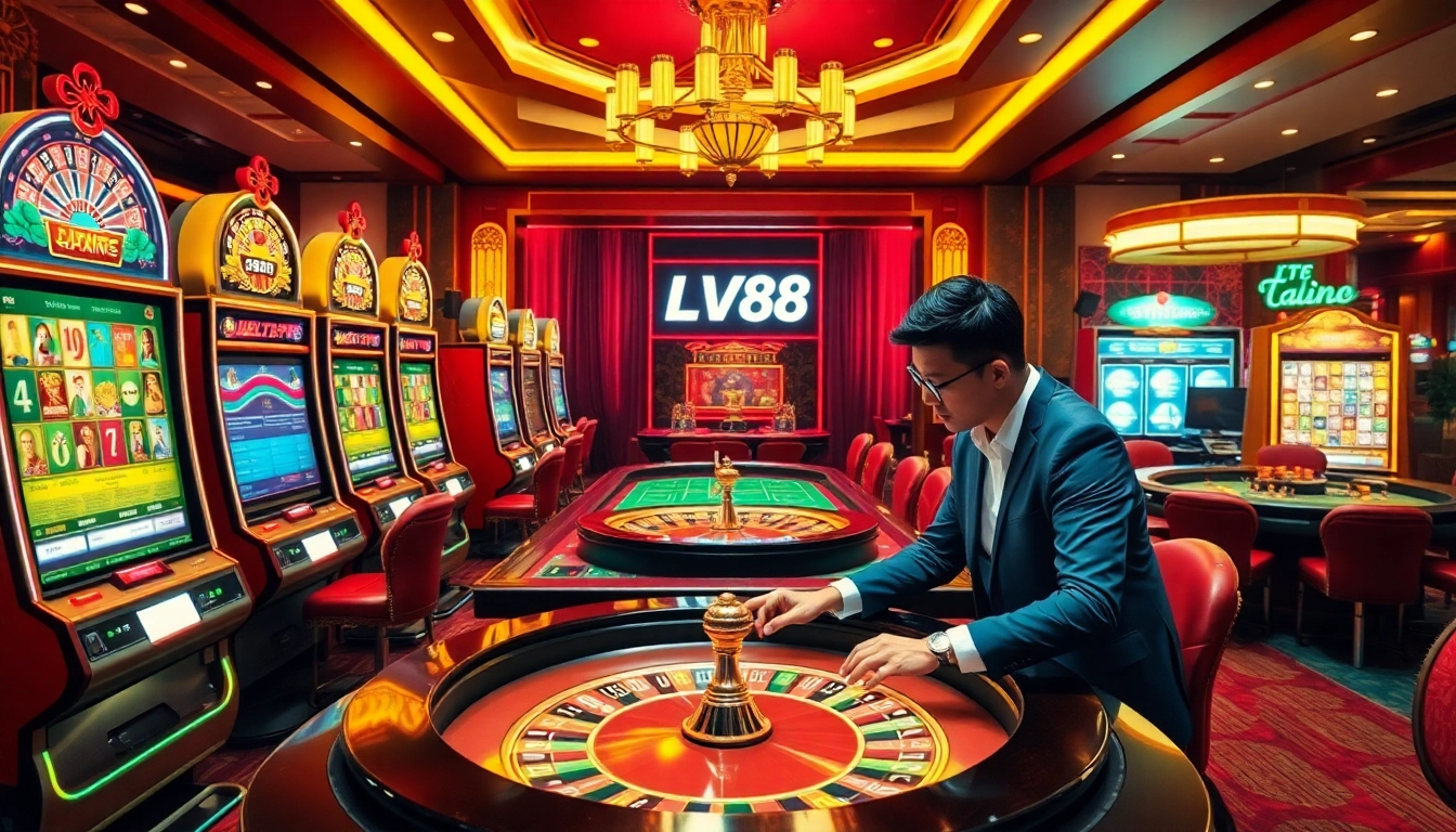 Experience the thrill of gambling at LV88 with vibrant slot machines and poker tables.