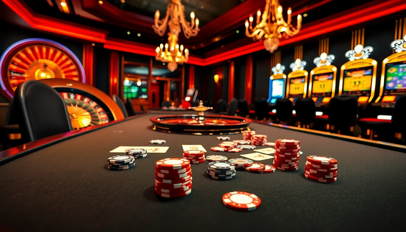 Experience winning excitement at nk88 with luxurious casino visuals showcasing poker and roulette.