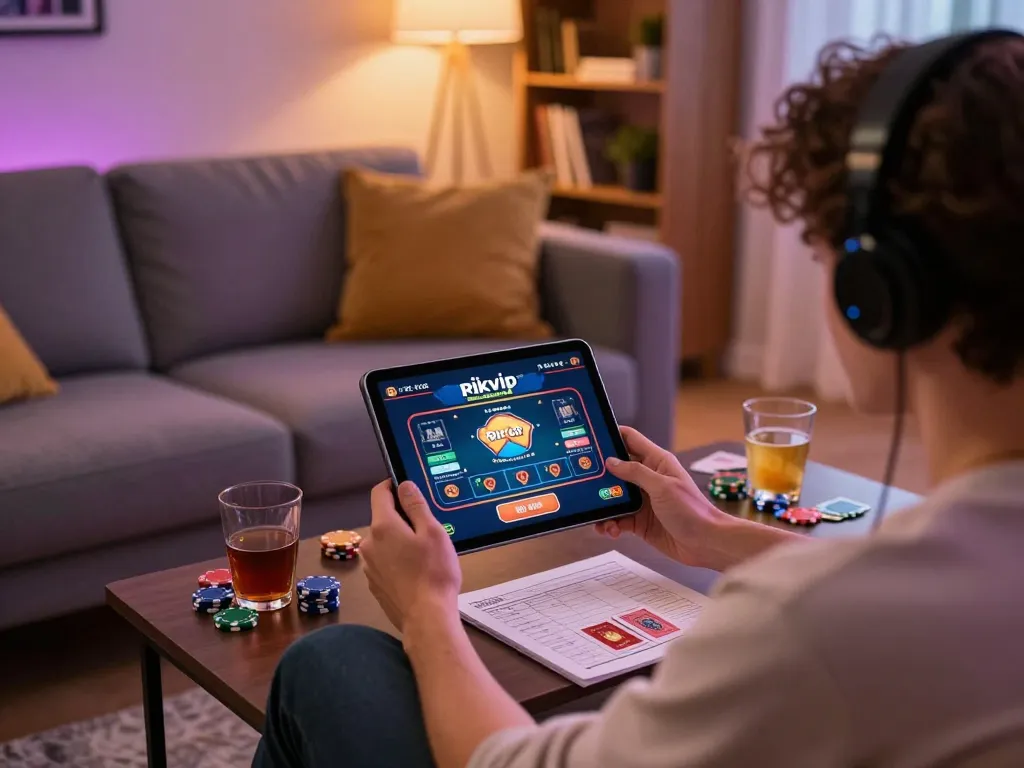 Engaging scene of a user playing rikvip online casino on a tablet, showcasing strategic gaming