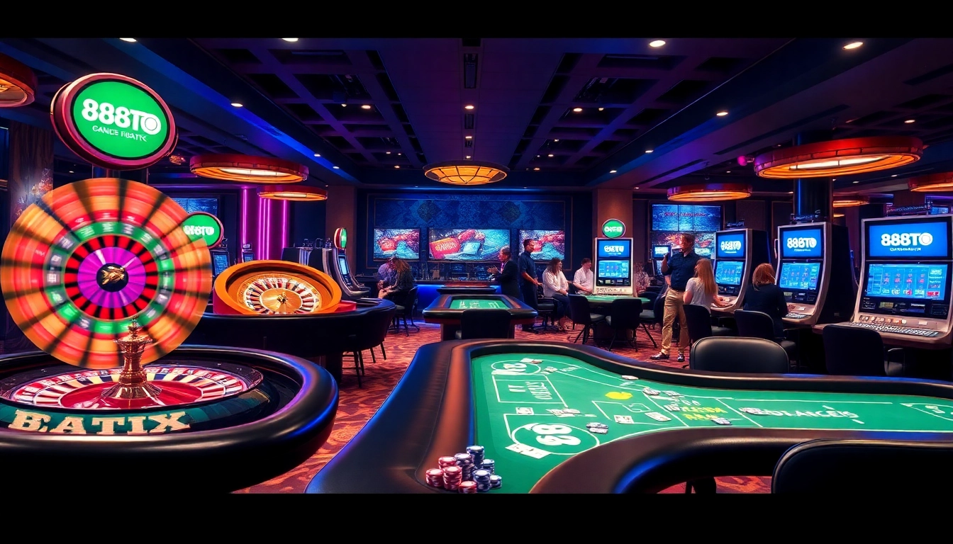 Intense gaming scene at 888TO casino, showcasing poker tables, roulette wheel, and vibrant atmosphere.