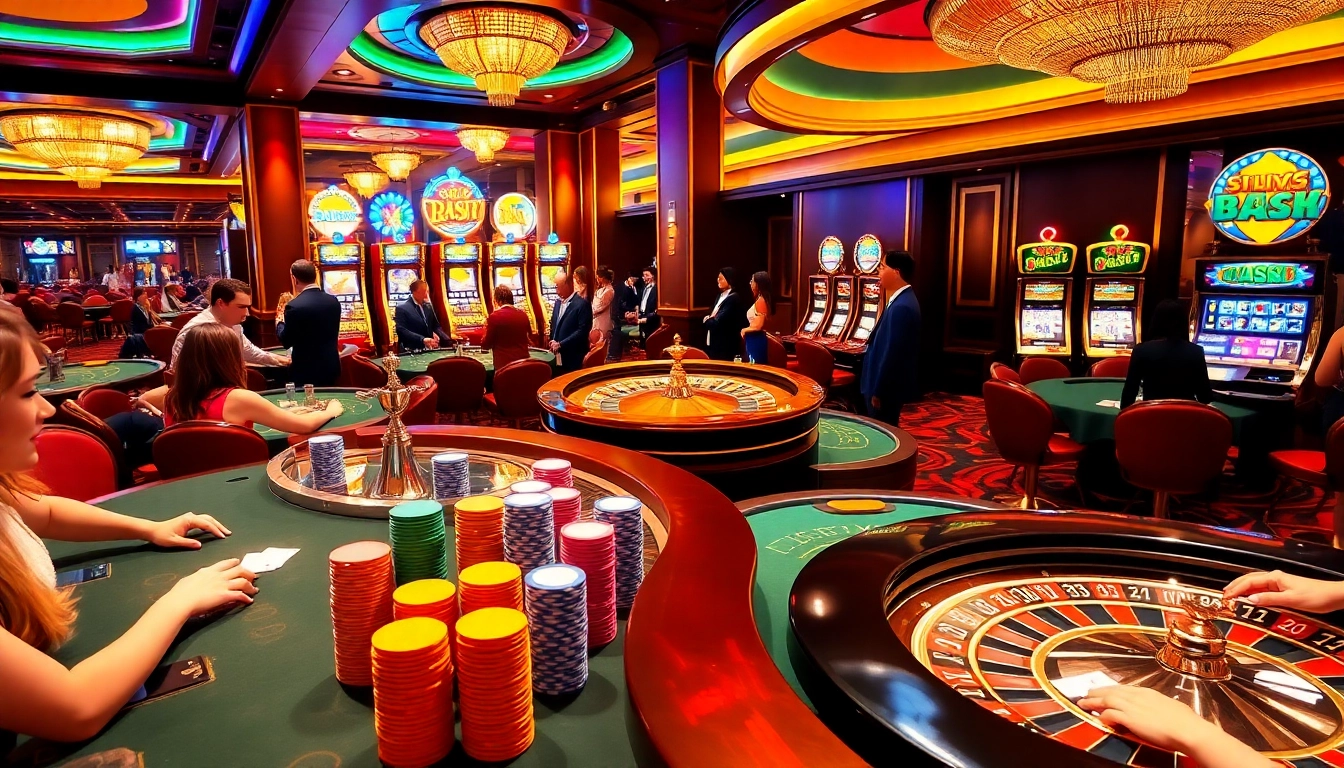 Players engaging in thrilling casino action at https://23win8b.com/ with vibrant slot machines and poker tables.