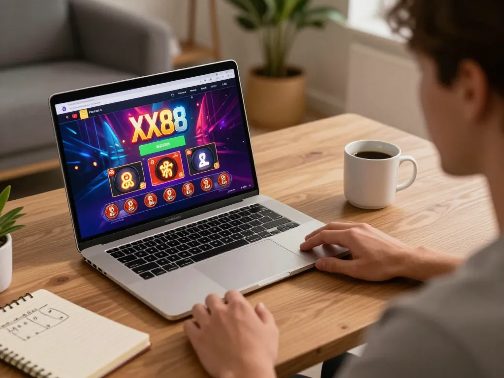 Engage in thrilling gameplay with the XX88 casino app on a stylish laptop in a cozy home setting