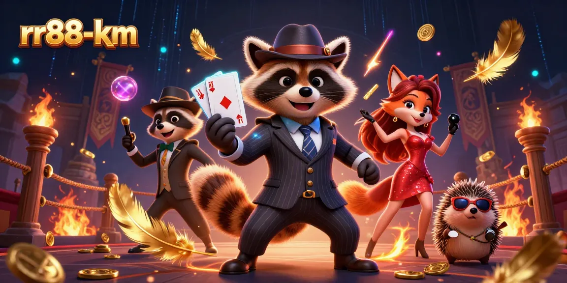 Join the excitement at rr88-km as a suave raccoon celebrates a royal flush in a vibrant casino scene.