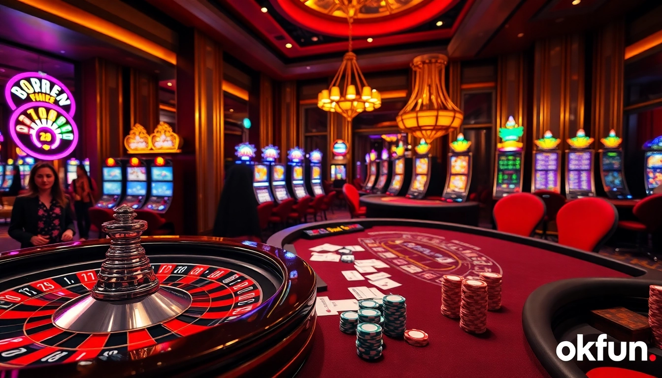 Experience the thrill of gambling at okfun casino with vibrant slot machines and roulette tables.