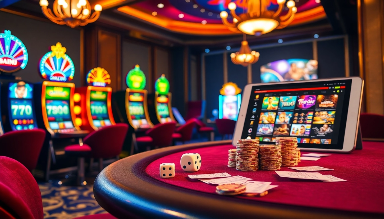 Exciting casino atmosphere at https://789club.quest/ with vibrant slot machines and stylish poker table.
