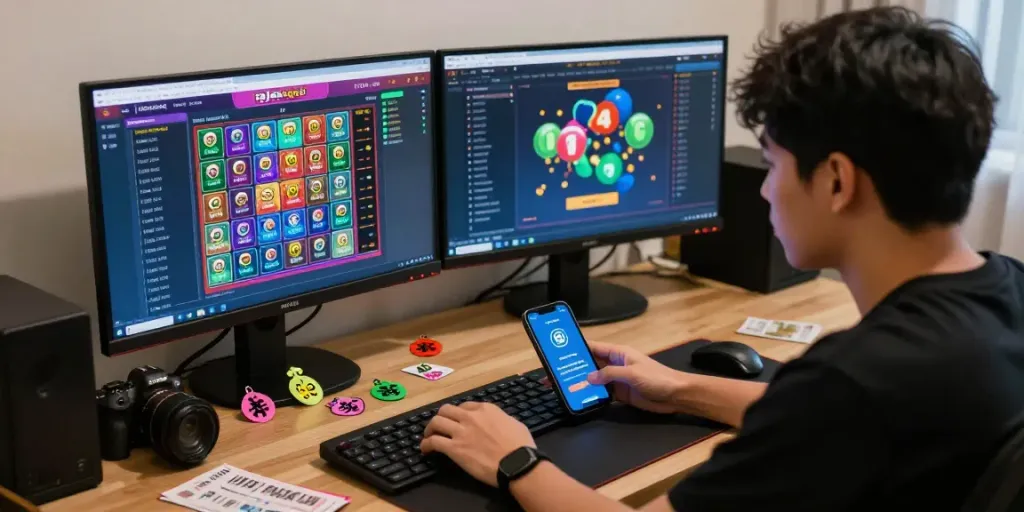 Penggemar rajatogel bermain togel online dengan grafik hasil di layar, suasana mendebarkan di rumah.