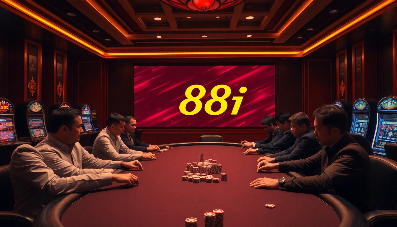 Engaging poker players at a luxurious casino featuring 88i branding for online gambling excitement.