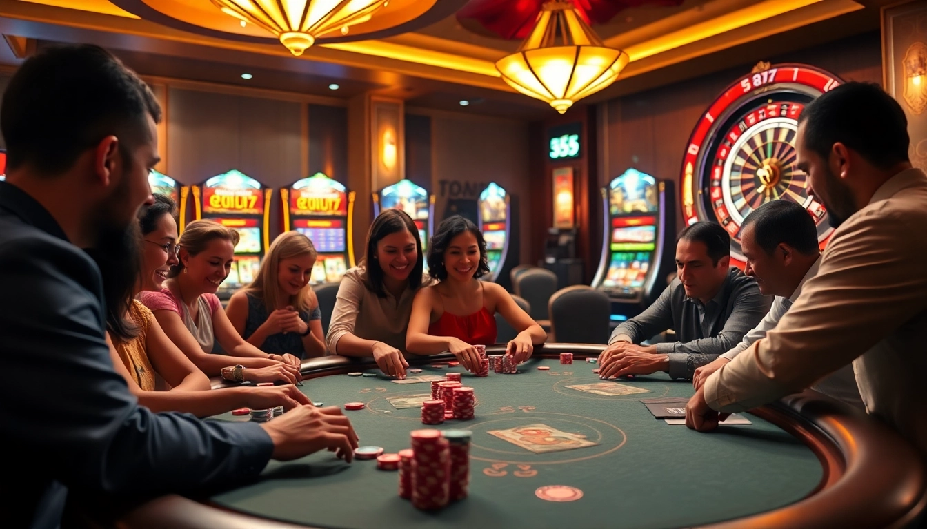 Experience the excitement of win55 at a luxurious casino poker table with players betting.