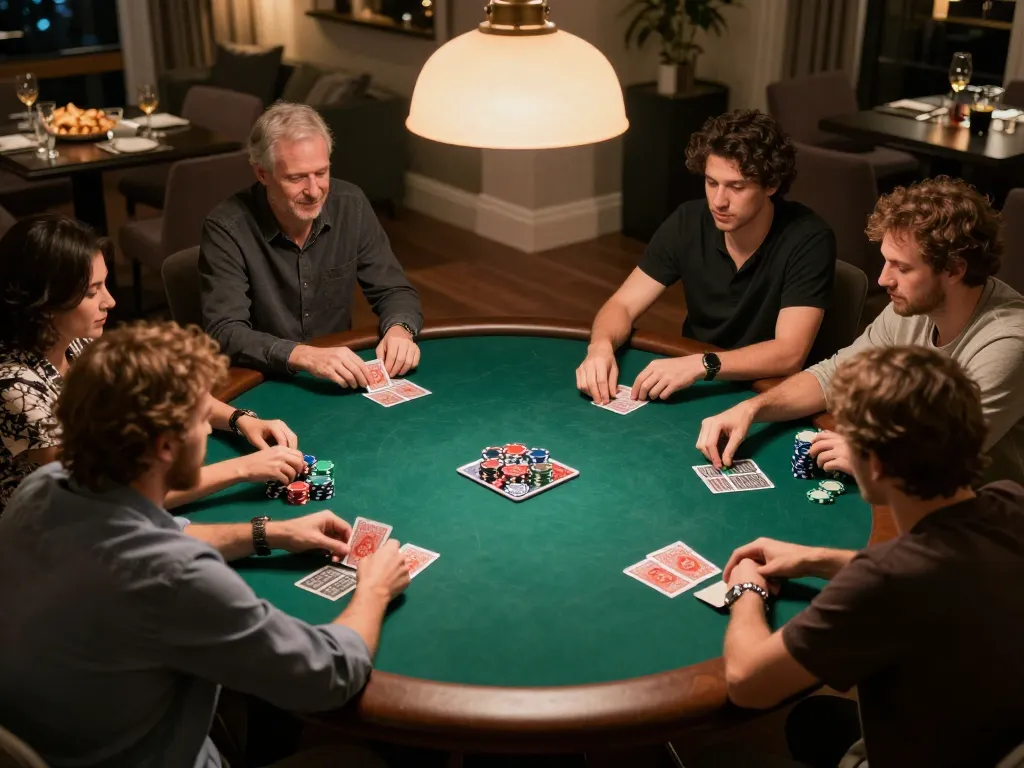 GO88 players strategizing during an exciting home poker night filled with chips and cards.