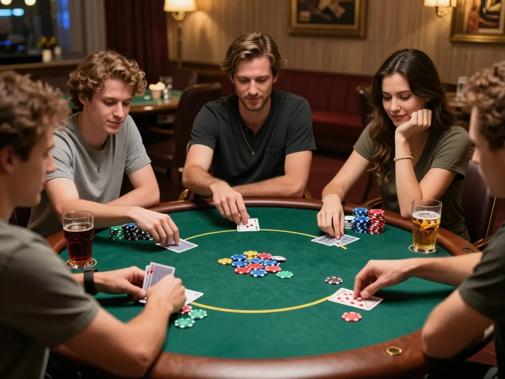 iWin players enjoying a friendly poker game night with colorful chips and cards.