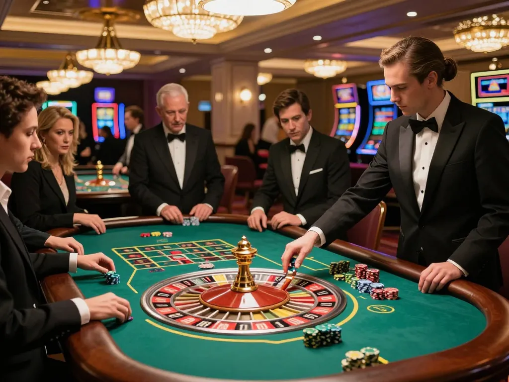 Taisunwin players engaged in an exciting game at a luxurious roulette table in the casino.