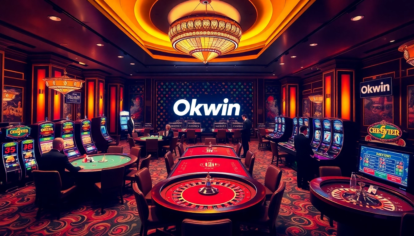 Okwin casino gaming scene featuring players at poker and roulette tables under warm lighting.