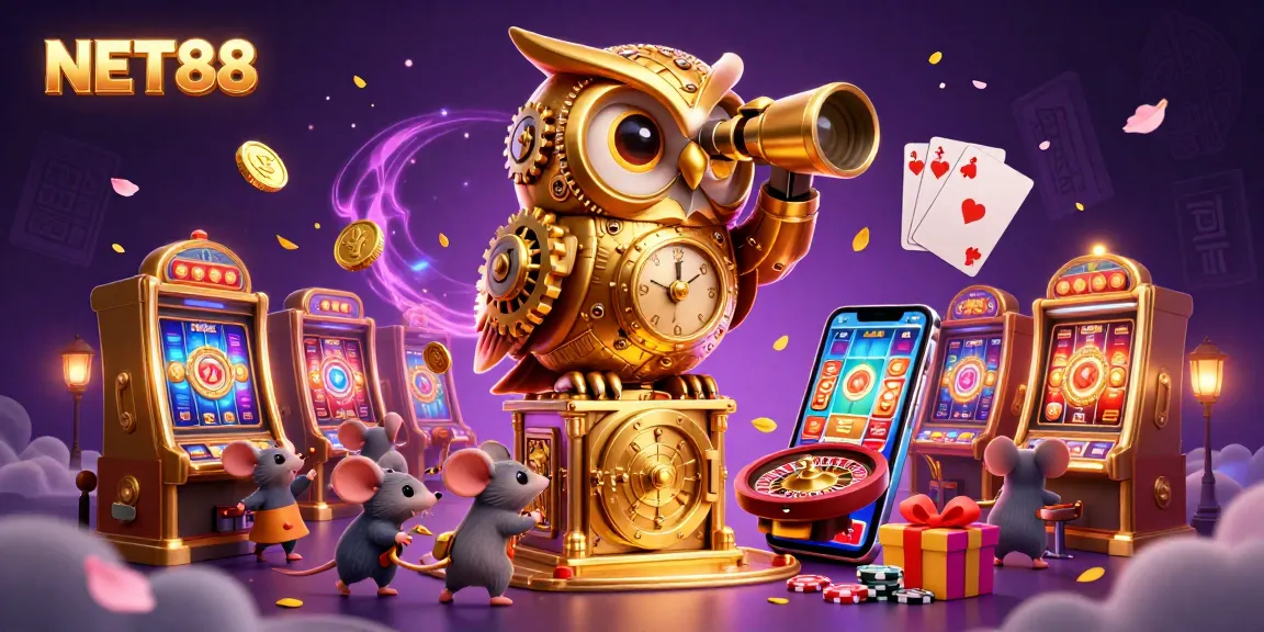 NET88 reveals captivating casino action with a clockwork owl and charming mouse patrons amidst vibrant slot games.
