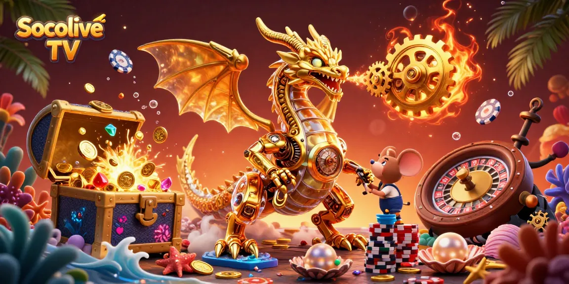 Socolive TV offers lively casino fun with a golden dragon, chip towers, and roulette action.