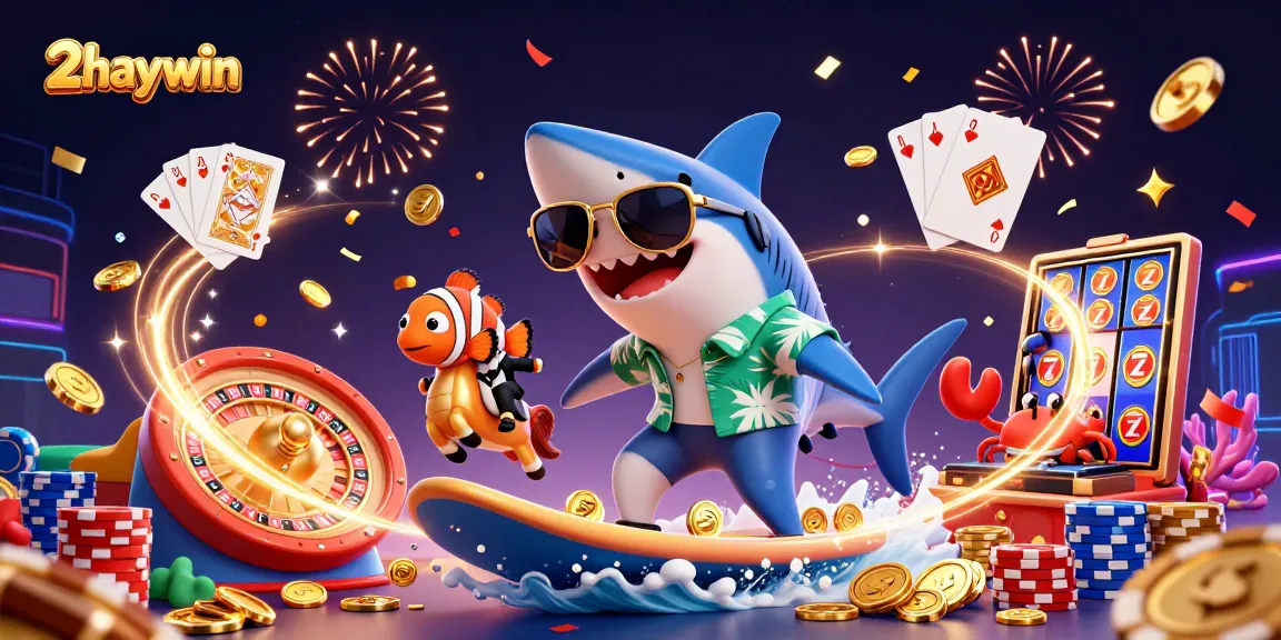 Experience the fun at 2haywin with a vibrant casino scene featuring a hammer-head shark and treasures.
