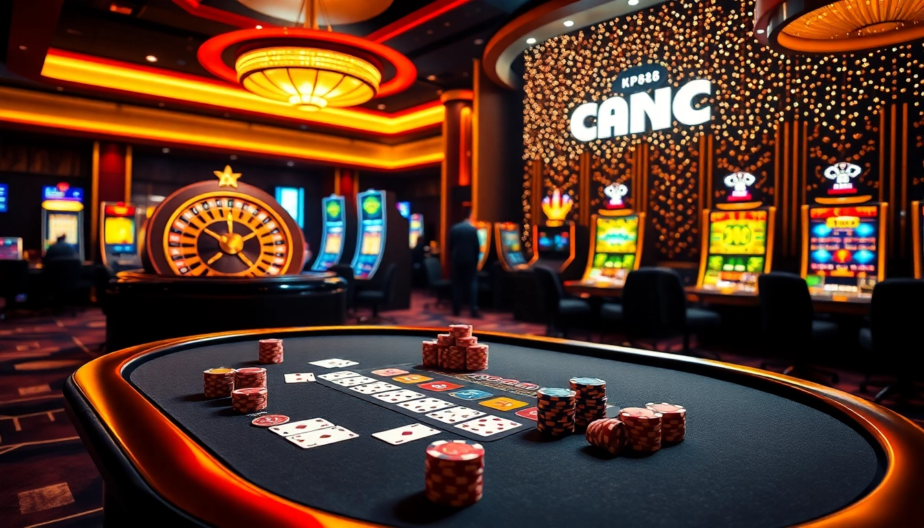 KP88 players enjoying high-stakes poker with vibrant chips and cards at a luxurious casino.