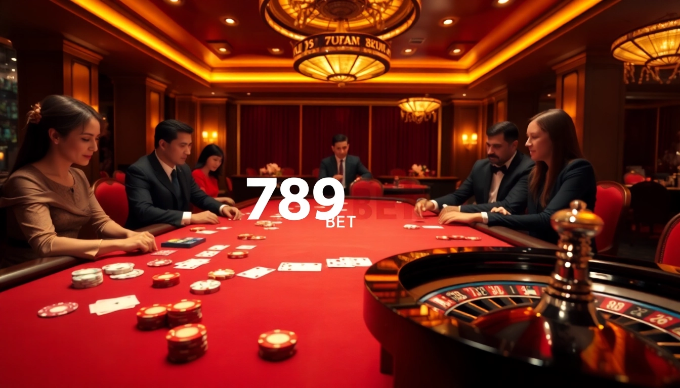 Engaging poker action at 789BET with players and dealers in a luxurious casino setting.