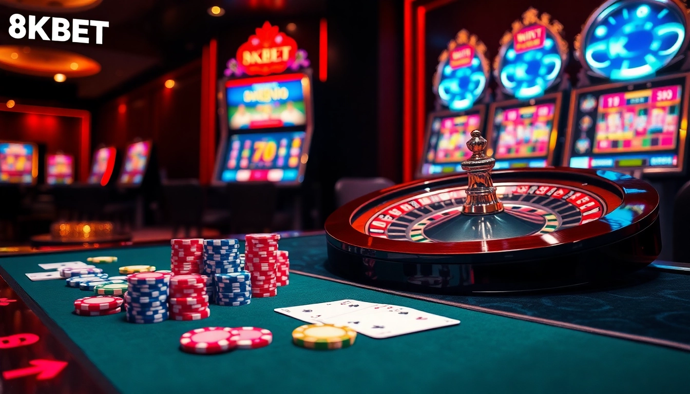 Experience the thrill of 8KBET at a luxury casino table with poker cards and chips.