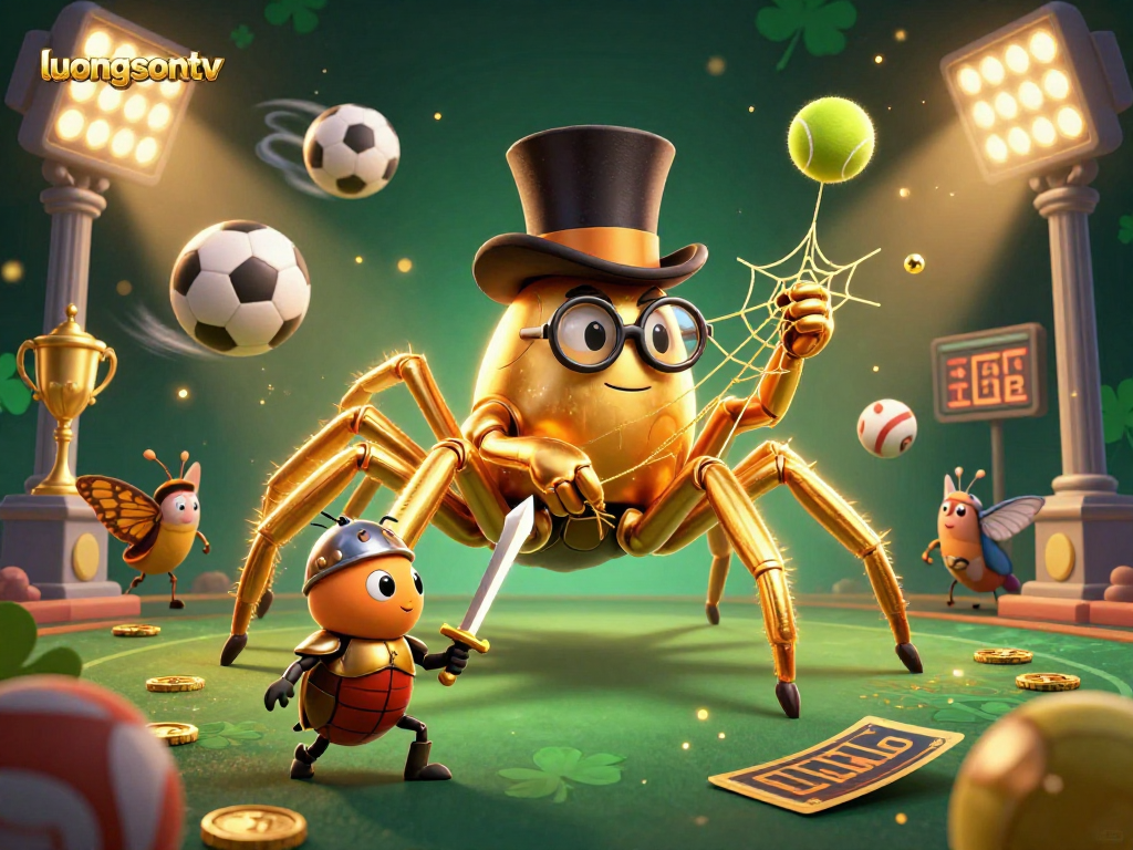 luongsontv features an exciting betting scene with a golden tarantula and beetle knight amidst dynamic sports elements.