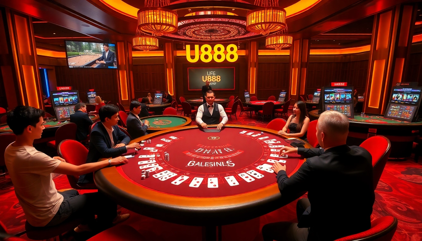 Exciting online gambling scene at U888 featuring luxury gaming tables and engaged players.