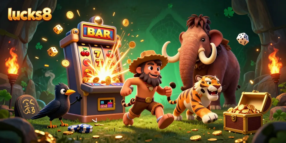 Experience gaming fun with lucks8 in a vibrant, prehistoric casino scene with sabertooth and caveman.