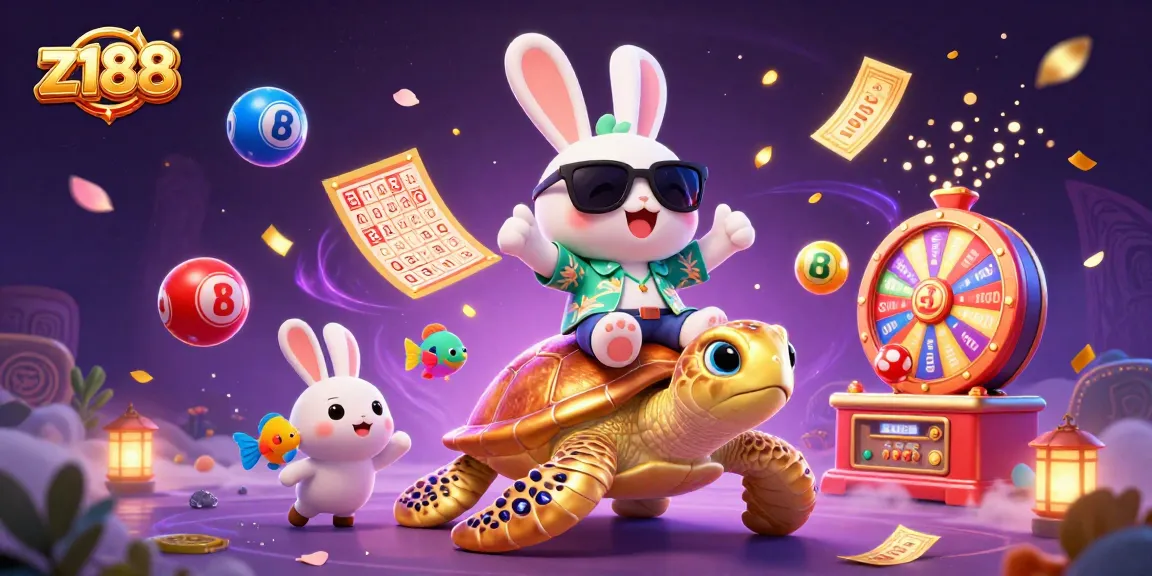 Experience winning energy at z188 with a lucky rabbit and golden turtle amidst vibrant casino elements.