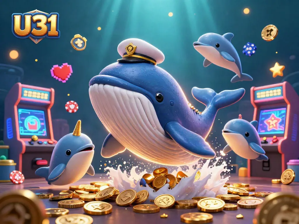 Experience the excitement of U31 with playful dolphins and a golden narwhal in a vibrant casino scene.