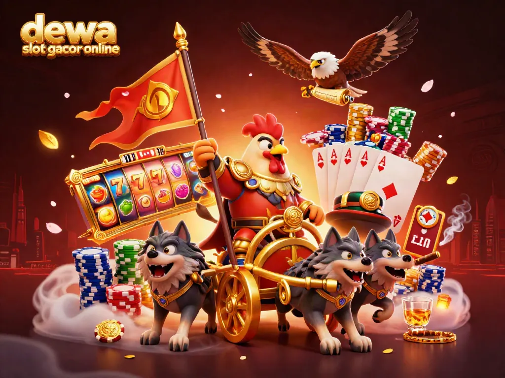 Mainkan dewa slot gacor online dengan desain 3D kaisar ayam dan simbol keberuntungan.
