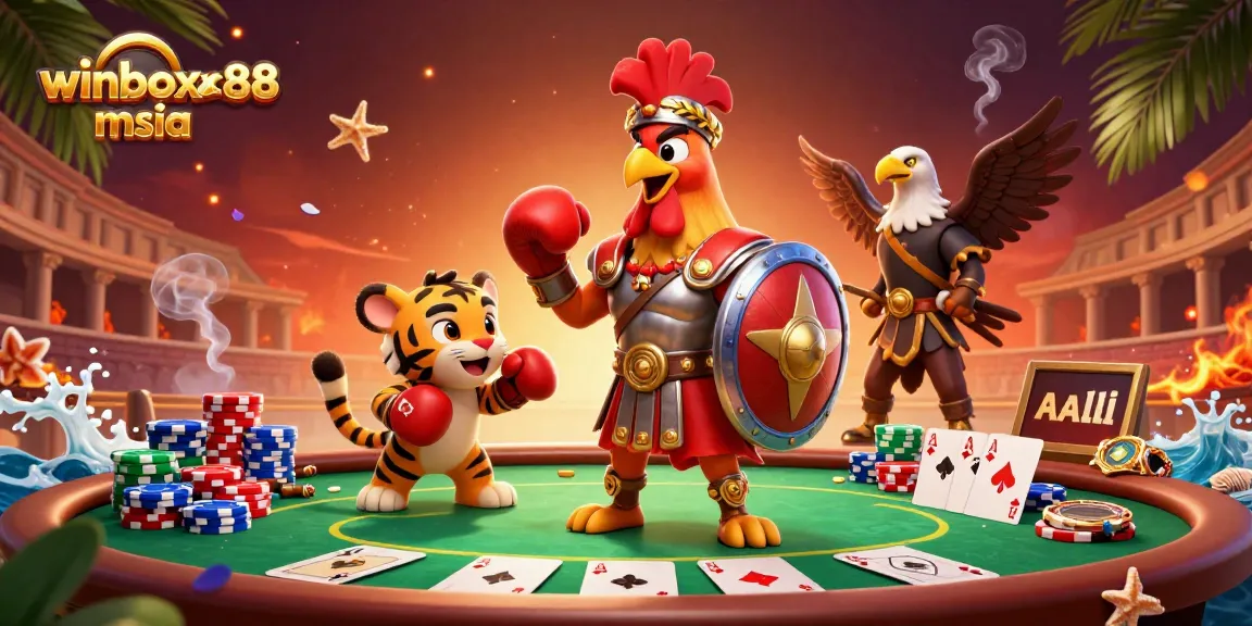 Engage in thrilling gameplay at winbox88msia with a vibrant 3D scene of a gladiator rooster, poker elements, and casino action.