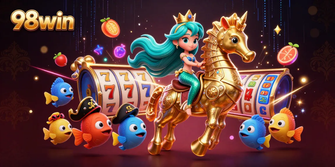Experience thrilling gameplay at 98win with vibrant slots and mermaid-themed illustrations.