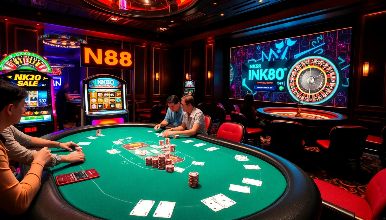 Exciting NK88 casino gaming scene featuring poker, slots, and roulette for gamblers.