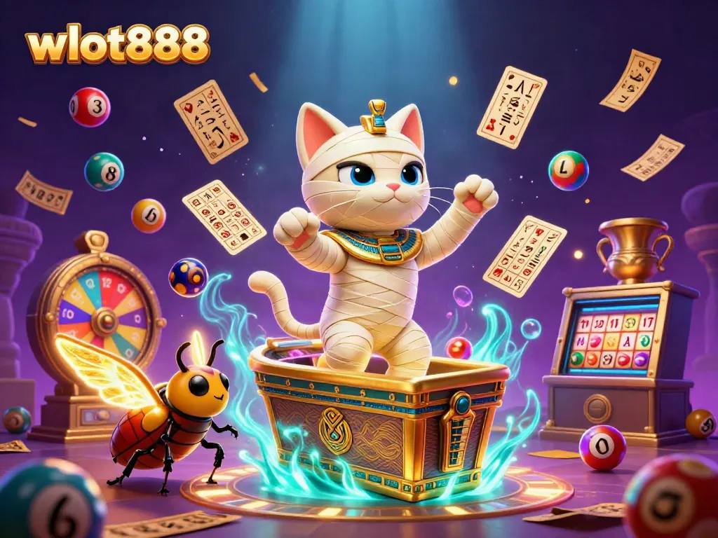 Gambarkan wslot888 dalam ilustrasi kasino dengan karakter kucing mummy Mesir dan elemen permainan yang dinamis.
