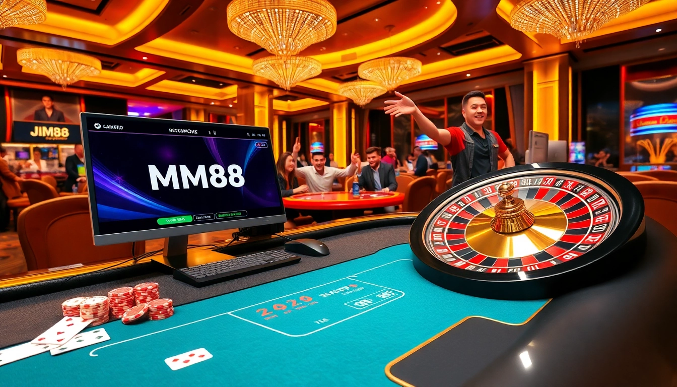 Excited players enjoying MM88's online casino experience with vibrant gaming visuals.
