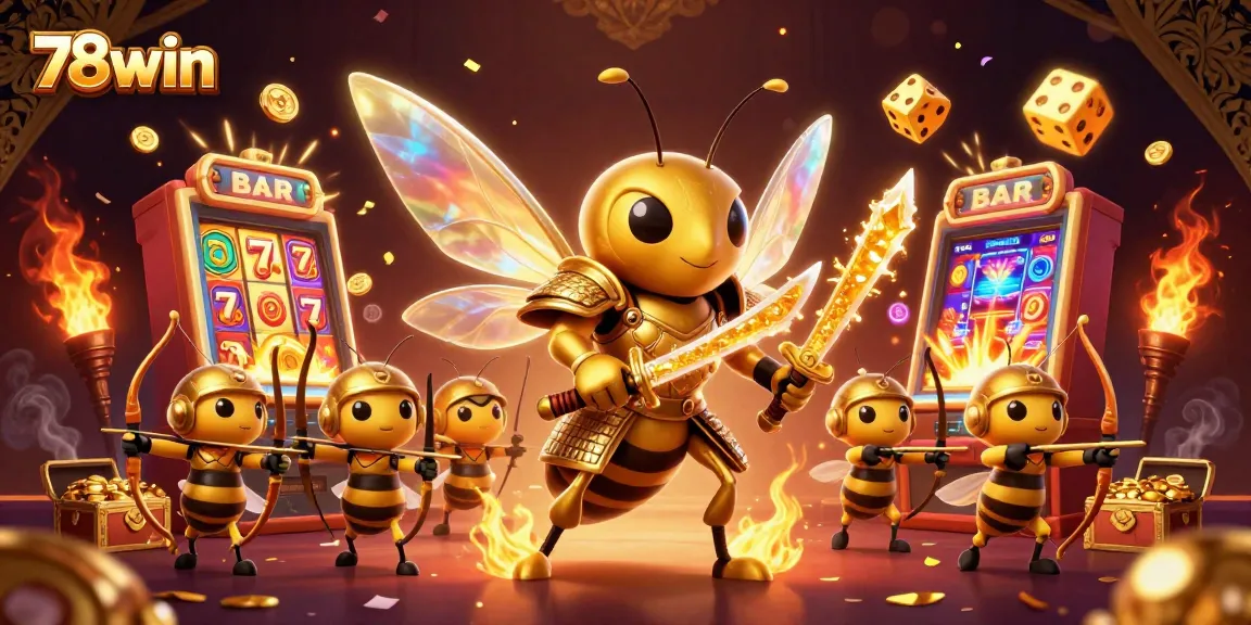 Engage with 78win's exciting casino adventure featuring vibrant slot machines and golden bee warriors.