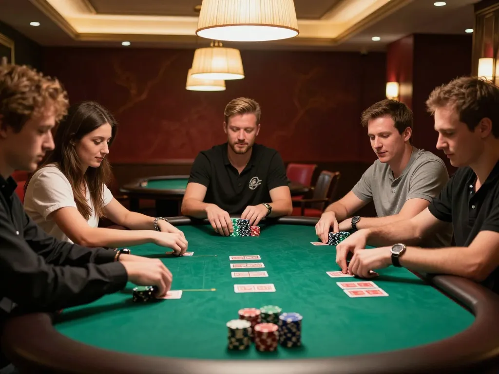 Strategic gameplay at rik vip's exclusive poker night, featuring focused players and luxurious ambiance